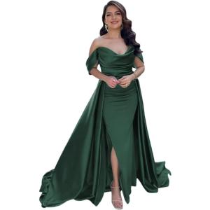 imageYoujiayi Off Shoulder Satin Prom Dresses Long Evening Gowns Women Formal Elegant Pleated Party DressHunter Green