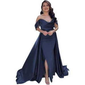 imageYoujiayi Off Shoulder Satin Prom Dresses Long Evening Gowns Women Formal Elegant Pleated Party DressNavy Blue