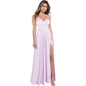 imageYoujiayi Spaghetti Strap Bridesmaid Dresses with Slit Long Satin Formal Evening Dress ALine V Neck Party Gowns for WomenLilac