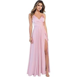 imageYoujiayi Spaghetti Strap Bridesmaid Dresses with Slit Long Satin Formal Evening Dress ALine V Neck Party Gowns for WomenPink