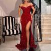 imageYoujiayi Sparkly Sequin Prom Dresses with Slit Long Mermaid Fomral Dress for Women Off Shoulder Evening Party Gown with TrainChampagne Light