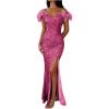 imageYoujiayi Sparkly Long Sequin Prom Dress with Feather Off Shoulder Mermaid Dress with Slit Sweetheart Evening Gowns for WomenHot Pink