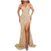 imageYoujiayi Sparkly Sequin Prom Dresses with Slit Long Mermaid Fomral Dress for Women Off Shoulder Evening Party Gown with TrainChampagne Light