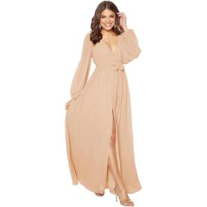 imageYoujiayi Long Sleeve Chiffon Bridesmaid Dresses for Women Simple V Neck Formal Dresses Side Split Evening Party GownsPeach