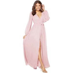 imageYoujiayi Long Sleeve Chiffon Bridesmaid Dresses for Women Simple V Neck Formal Dresses Side Split Evening Party GownsPink