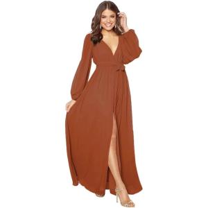 imageYoujiayi Long Sleeve Chiffon Bridesmaid Dresses for Women Simple V Neck Formal Dresses Side Split Evening Party GownsRust Red