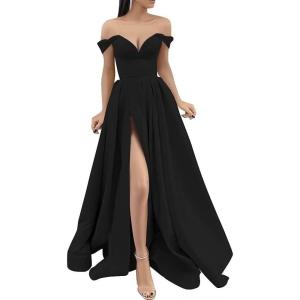 imageYoujiayi Off Shoulder Prom Dresses with Pockets Long Satin Formal Dresses for Women Sweetheart Evening Party Gowns with SlitBlack