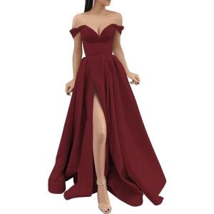 imageYoujiayi Off Shoulder Prom Dresses with Pockets Long Satin Formal Dresses for Women Sweetheart Evening Party Gowns with SlitBurgundy