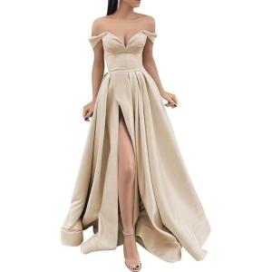 imageYoujiayi Off Shoulder Prom Dresses with Pockets Long Satin Formal Dresses for Women Sweetheart Evening Party Gowns with SlitChampagne