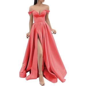imageYoujiayi Off Shoulder Prom Dresses with Pockets Long Satin Formal Dresses for Women Sweetheart Evening Party Gowns with SlitCoral