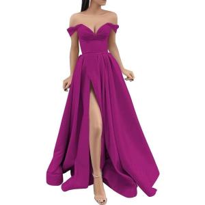 imageYoujiayi Off Shoulder Prom Dresses with Pockets Long Satin Formal Dresses for Women Sweetheart Evening Party Gowns with SlitFuchsia