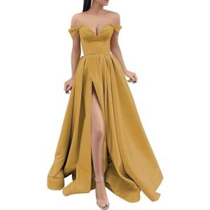 imageYoujiayi Off Shoulder Prom Dresses with Pockets Long Satin Formal Dresses for Women Sweetheart Evening Party Gowns with SlitGold