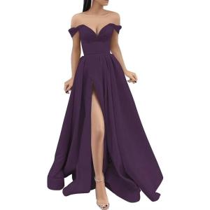 imageYoujiayi Off Shoulder Prom Dresses with Pockets Long Satin Formal Dresses for Women Sweetheart Evening Party Gowns with SlitGrape