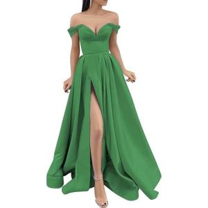 imageYoujiayi Off Shoulder Prom Dresses with Pockets Long Satin Formal Dresses for Women Sweetheart Evening Party Gowns with SlitGreen