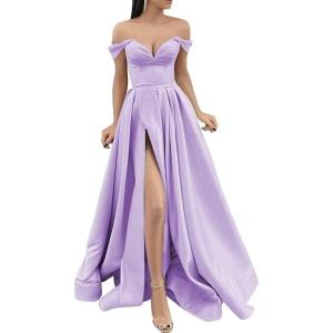 imageYoujiayi Off Shoulder Prom Dresses with Pockets Long Satin Formal Dresses for Women Sweetheart Evening Party Gowns with SlitLavender