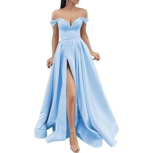 imageYoujiayi Off Shoulder Prom Dresses with Pockets Long Satin Formal Dresses for Women Sweetheart Evening Party Gowns with SlitLight Blue