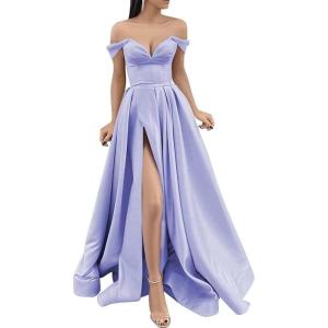 imageYoujiayi Off Shoulder Prom Dresses with Pockets Long Satin Formal Dresses for Women Sweetheart Evening Party Gowns with SlitLilac