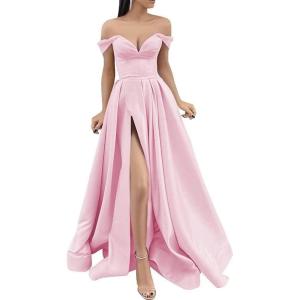 imageYoujiayi Off Shoulder Prom Dresses with Pockets Long Satin Formal Dresses for Women Sweetheart Evening Party Gowns with SlitPink