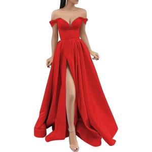 imageYoujiayi Off Shoulder Prom Dresses with Pockets Long Satin Formal Dresses for Women Sweetheart Evening Party Gowns with SlitRed