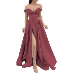 imageYoujiayi Off Shoulder Prom Dresses with Pockets Long Satin Formal Dresses for Women Sweetheart Evening Party Gowns with SlitRust Red