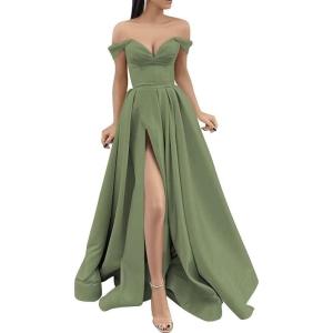 imageYoujiayi Off Shoulder Prom Dresses with Pockets Long Satin Formal Dresses for Women Sweetheart Evening Party Gowns with SlitSage