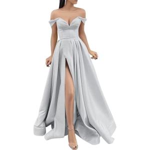 imageYoujiayi Off Shoulder Prom Dresses with Pockets Long Satin Formal Dresses for Women Sweetheart Evening Party Gowns with SlitSilver