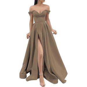 imageYoujiayi Off Shoulder Prom Dresses with Pockets Long Satin Formal Dresses for Women Sweetheart Evening Party Gowns with SlitTaupe