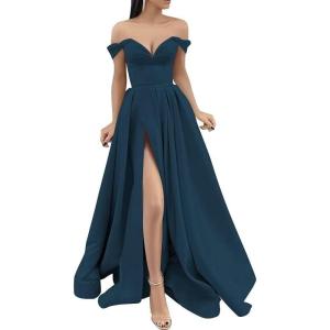 imageYoujiayi Off Shoulder Prom Dresses with Pockets Long Satin Formal Dresses for Women Sweetheart Evening Party Gowns with SlitTeal