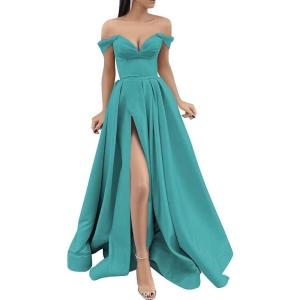 imageYoujiayi Off Shoulder Prom Dresses with Pockets Long Satin Formal Dresses for Women Sweetheart Evening Party Gowns with SlitTurquoise