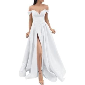 imageYoujiayi Off Shoulder Prom Dresses with Pockets Long Satin Formal Dresses for Women Sweetheart Evening Party Gowns with SlitWhite