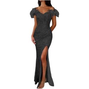 imageYoujiayi Sparkly Long Sequin Prom Dress with Feather Off Shoulder Mermaid Dress with Slit Sweetheart Evening Gowns for WomenBalck