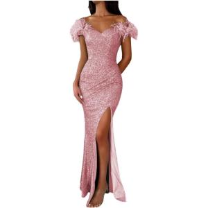imageYoujiayi Sparkly Long Sequin Prom Dress with Feather Off Shoulder Mermaid Dress with Slit Sweetheart Evening Gowns for WomenBlush