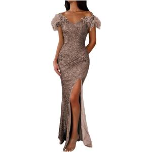 imageYoujiayi Sparkly Long Sequin Prom Dress with Feather Off Shoulder Mermaid Dress with Slit Sweetheart Evening Gowns for WomenBrown