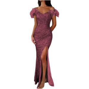 imageYoujiayi Sparkly Long Sequin Prom Dress with Feather Off Shoulder Mermaid Dress with Slit Sweetheart Evening Gowns for WomenBurgundy