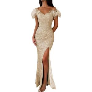 imageYoujiayi Sparkly Long Sequin Prom Dress with Feather Off Shoulder Mermaid Dress with Slit Sweetheart Evening Gowns for WomenChampagne