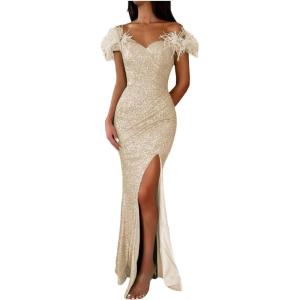 imageYoujiayi Sparkly Long Sequin Prom Dress with Feather Off Shoulder Mermaid Dress with Slit Sweetheart Evening Gowns for WomenChampagne Light