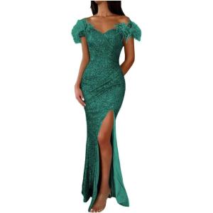 imageYoujiayi Sparkly Long Sequin Prom Dress with Feather Off Shoulder Mermaid Dress with Slit Sweetheart Evening Gowns for WomenEmerald Green