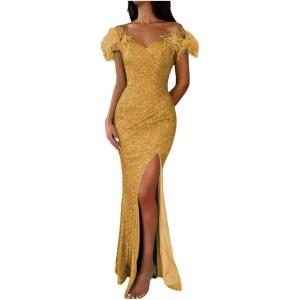 imageYoujiayi Sparkly Long Sequin Prom Dress with Feather Off Shoulder Mermaid Dress with Slit Sweetheart Evening Gowns for WomenGold