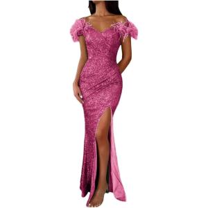 imageYoujiayi Sparkly Long Sequin Prom Dress with Feather Off Shoulder Mermaid Dress with Slit Sweetheart Evening Gowns for WomenHot Pink