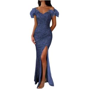 imageYoujiayi Sparkly Long Sequin Prom Dress with Feather Off Shoulder Mermaid Dress with Slit Sweetheart Evening Gowns for WomenNavy Blue