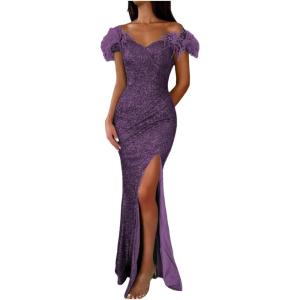 imageYoujiayi Sparkly Long Sequin Prom Dress with Feather Off Shoulder Mermaid Dress with Slit Sweetheart Evening Gowns for WomenPlum