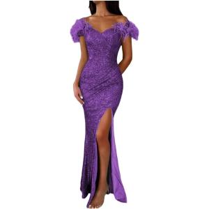imageYoujiayi Sparkly Long Sequin Prom Dress with Feather Off Shoulder Mermaid Dress with Slit Sweetheart Evening Gowns for WomenPurple