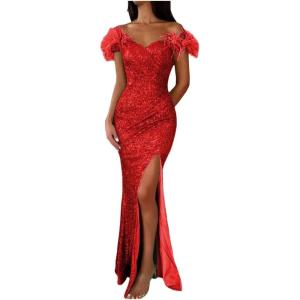 imageYoujiayi Sparkly Long Sequin Prom Dress with Feather Off Shoulder Mermaid Dress with Slit Sweetheart Evening Gowns for WomenRed