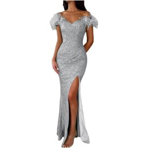 imageYoujiayi Sparkly Long Sequin Prom Dress with Feather Off Shoulder Mermaid Dress with Slit Sweetheart Evening Gowns for WomenSilver
