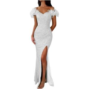 imageYoujiayi Sparkly Long Sequin Prom Dress with Feather Off Shoulder Mermaid Dress with Slit Sweetheart Evening Gowns for WomenWhite