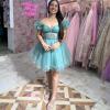 imageYoujiayi Off Shoulder Homecoming Dresses for Teens Sparkly Lace Tulle DAMA Dress for Quinceanera Beaded Short Prom GownLight Blue