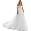 imageYoujiayi Off Shoulder Lace Wedding Dresses for Bride Puffy Tulle Bridal Gown with Train Long V Neck Wedding Gown for WomenWhite