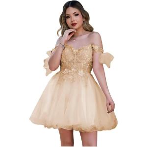 imageYoujiayi 3D Butterfly Homecoming Dresses Sparkly Floral Tulle DAMA Dresses for Quinceanera Sequin Short Prom Dress for TeensChampagne