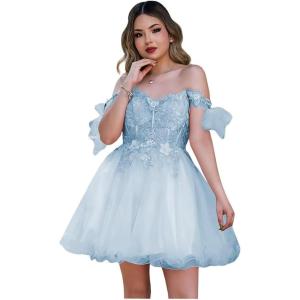 imageYoujiayi 3D Butterfly Homecoming Dresses Sparkly Floral Tulle DAMA Dresses for Quinceanera Sequin Short Prom Dress for TeensLight Blue