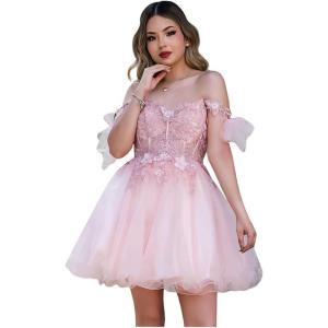 imageYoujiayi 3D Butterfly Homecoming Dresses Sparkly Floral Tulle DAMA Dresses for Quinceanera Sequin Short Prom Dress for TeensPink